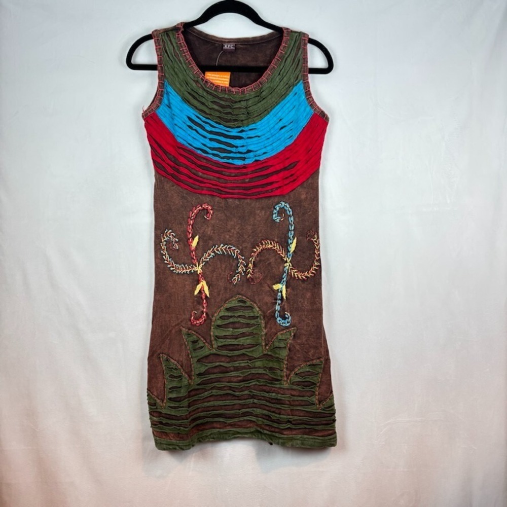Womens Embroidered Bohemian Colorful Brown 100% Cotton Stretch Dress SZ XL NWT